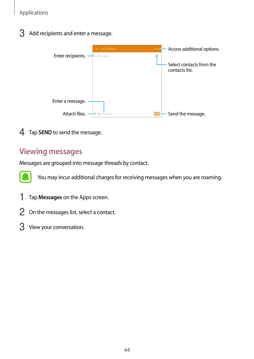 Samsung SM-T285NZWAKSA, SM-T285NZSAKSA, SM-T285NZKAKSA, SM-T285NZKAXXV Viewing messages, Add recipients and enter a message 