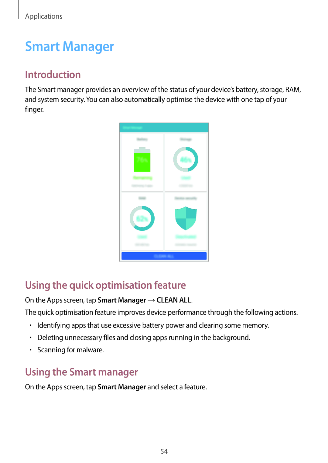 Samsung SM-T285NZSAKSA, SM-T285NZKAKSA manual Smart Manager, Using the quick optimisation feature, Using the Smart manager 