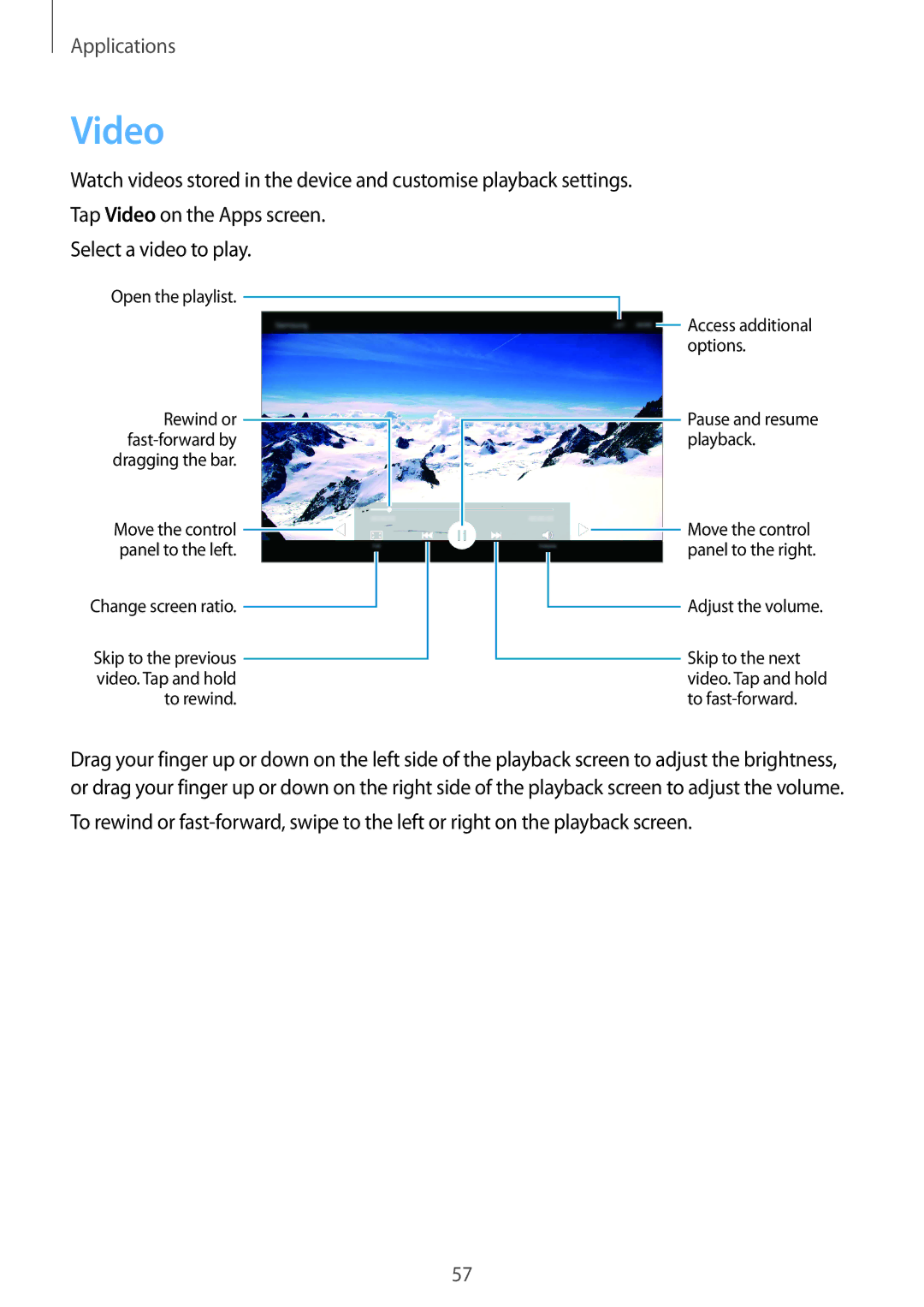 Samsung SM-T285NZKAXXV, SM-T285NZSAKSA, SM-T285NZKAKSA manual Video, Move the control panel to the left Change screen ratio 