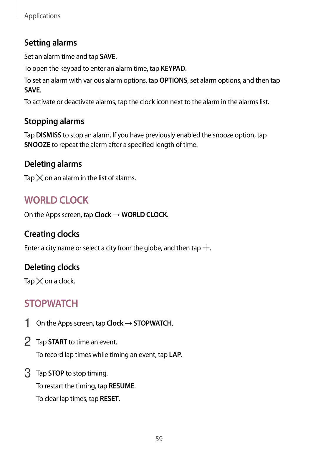 Samsung SM-T285NZKABGL, SM-T285NZSAKSA Setting alarms, Stopping alarms, Deleting alarms, Creating clocks, Deleting clocks 