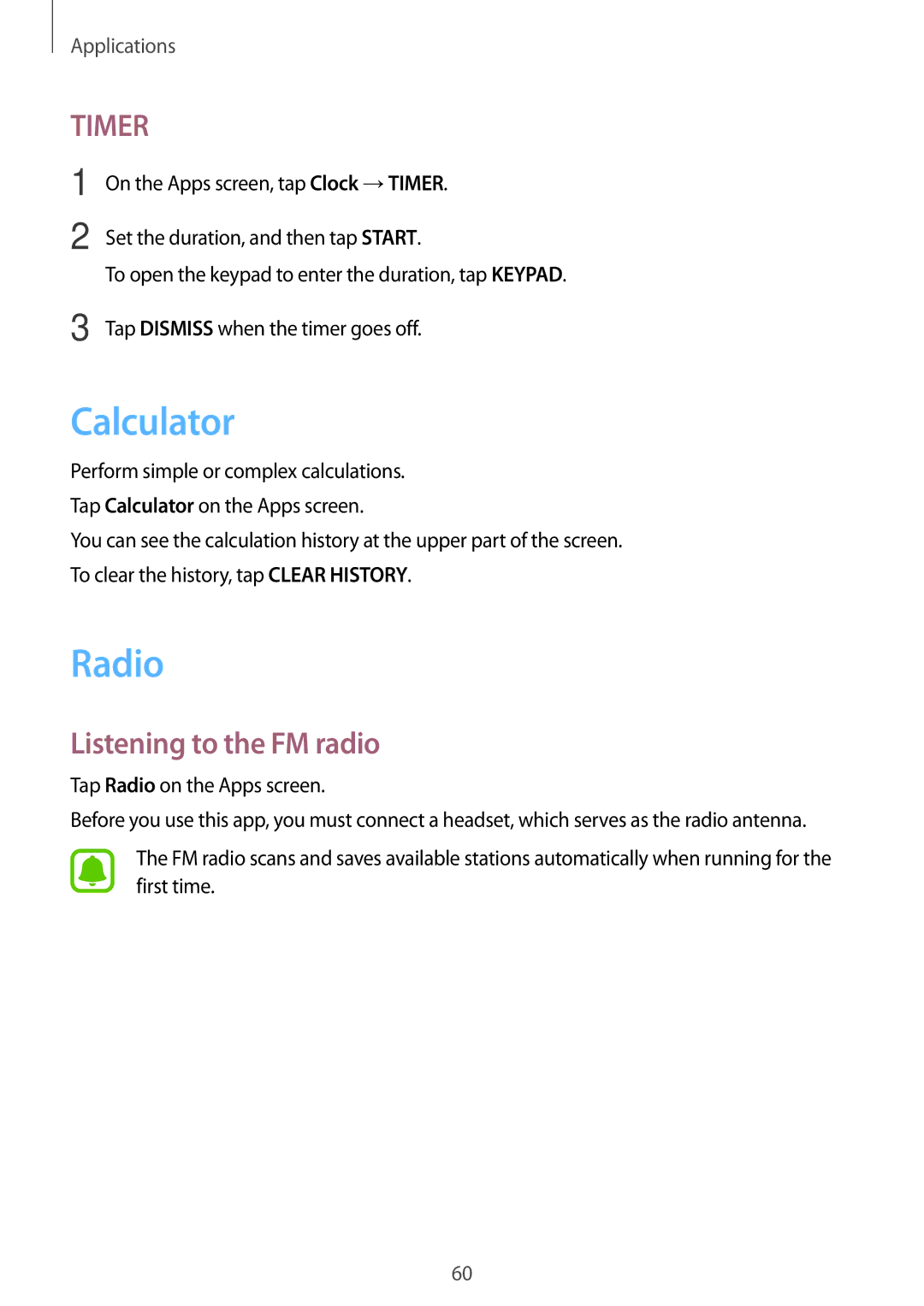 Samsung SM-T285NZSAKSA, SM-T285NZKAKSA, SM-T285NZWAKSA, SM-T285NZKAXXV manual Calculator, Radio, Listening to the FM radio 