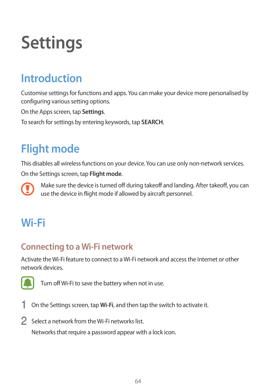 Samsung SM-T285NZWAXXV, SM-T285NZSAKSA, SM-T285NZKAKSA manual Introduction, Flight mode, Connecting to a Wi-Fi network 