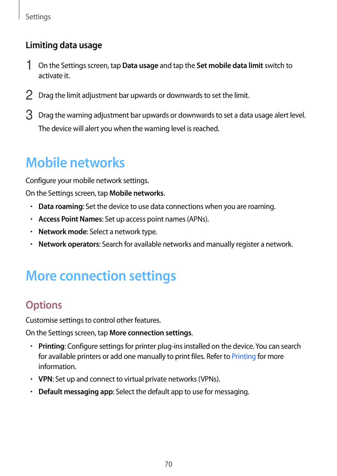 Samsung SM-T285NZWAXXV, SM-T285NZSAKSA manual Mobile networks, More connection settings, Options, Limiting data usage 