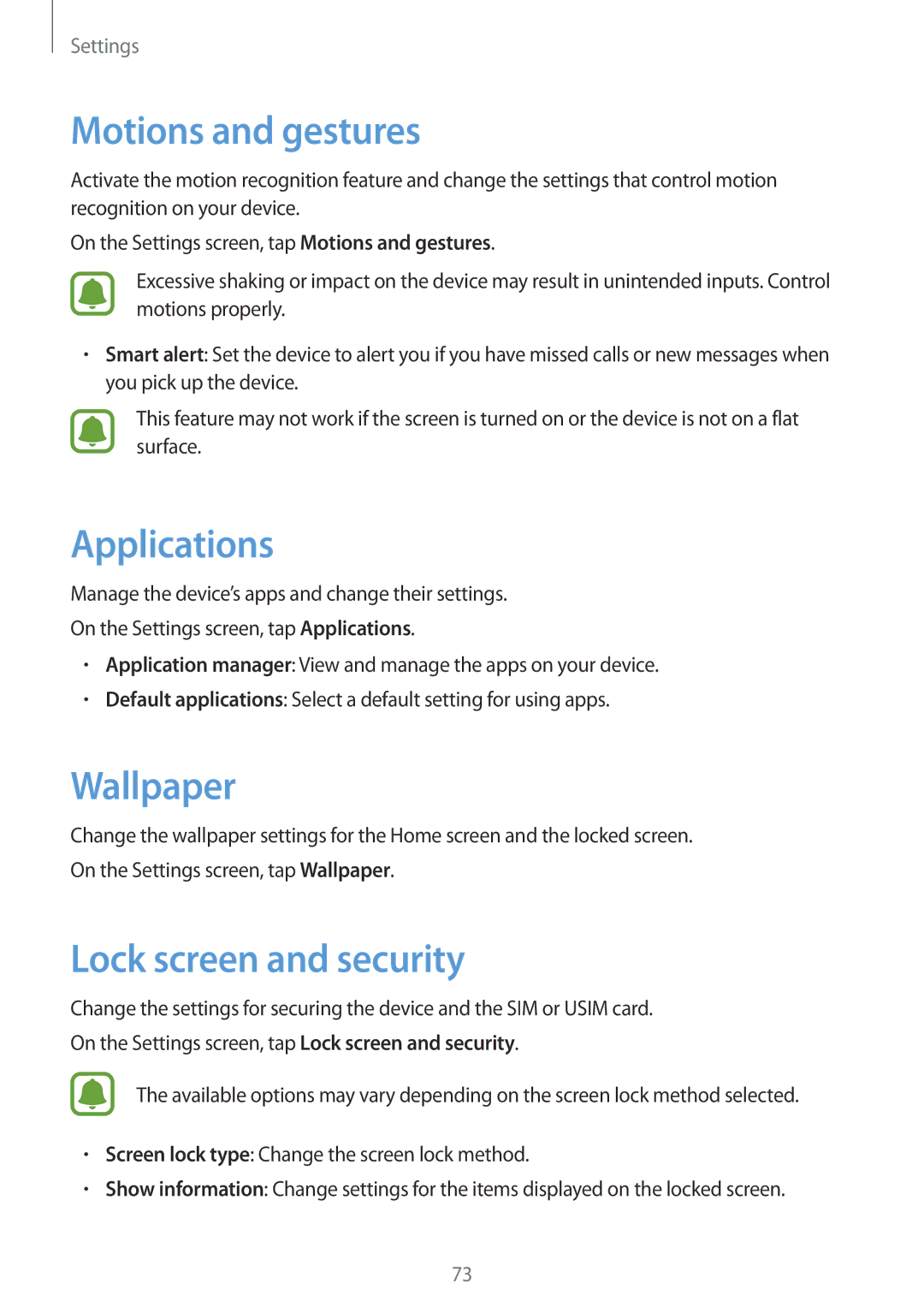 Samsung SM-T285NZKAKSA, SM-T285NZSAKSA manual Motions and gestures, Applications, Wallpaper, Lock screen and security 