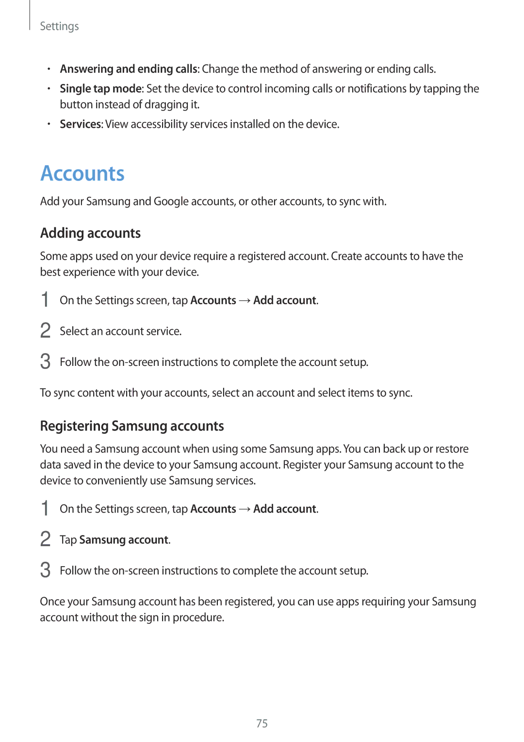 Samsung SM-T285NZKAXXV, SM-T285NZSAKSA, SM-T285NZKAKSA manual Accounts, Adding accounts, Registering Samsung accounts 