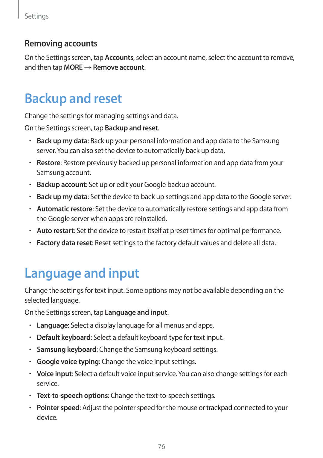 Samsung SM-T285NZWAXXV, SM-T285NZSAKSA, SM-T285NZKAKSA manual Backup and reset, Language and input, Removing accounts 