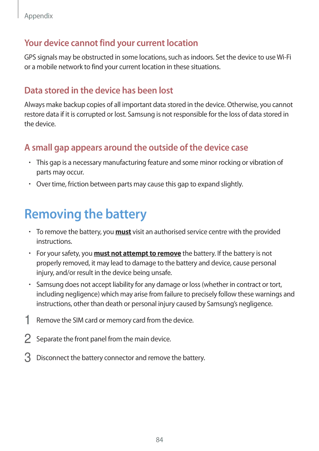 Samsung SM-T285NZSAKSA, SM-T285NZKAKSA, SM-T285NZWAKSA Removing the battery, Your device cannot find your current location 