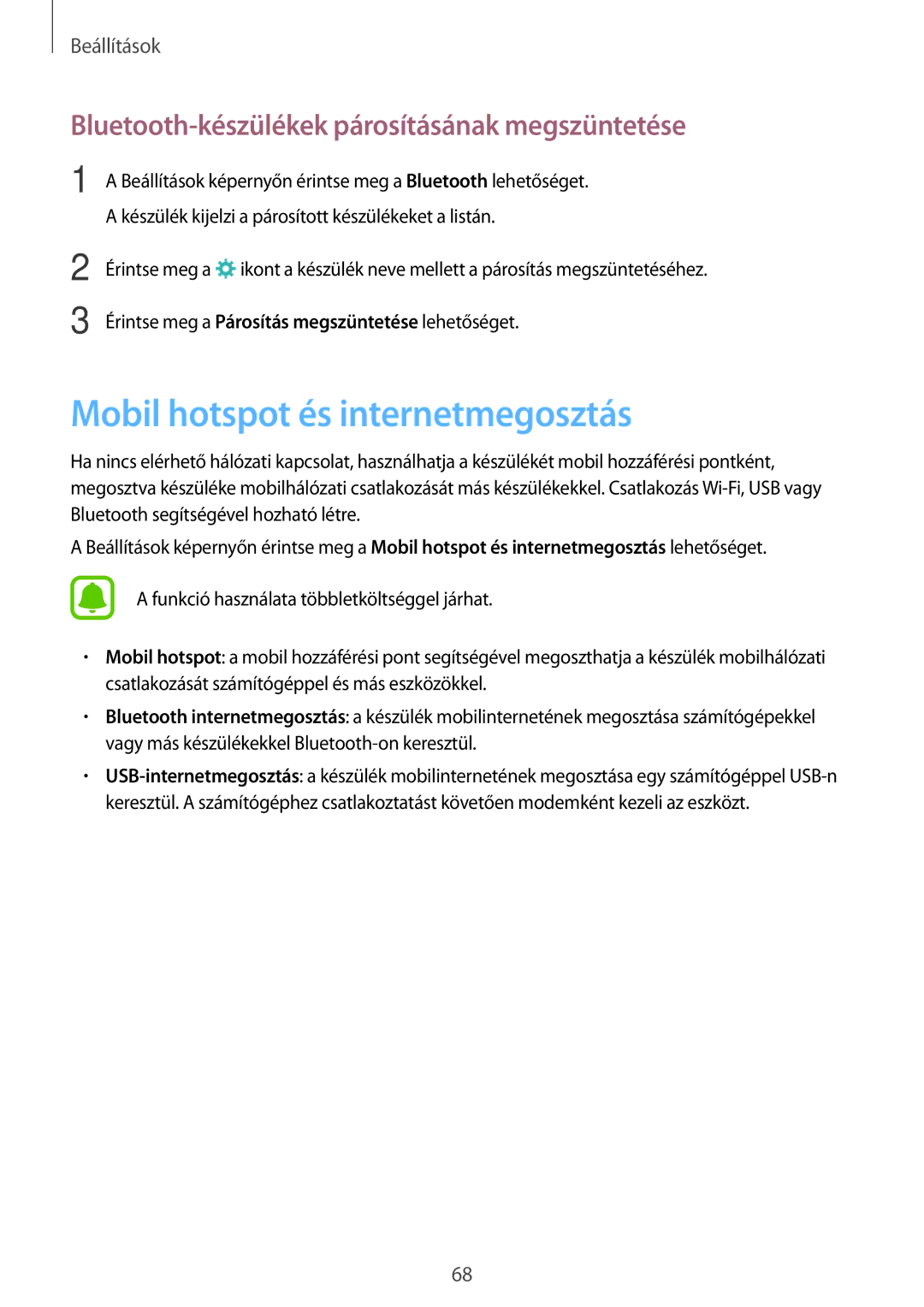 Samsung SM-T285NZKAAUT manual Mobil hotspot és internetmegosztás, Bluetooth-készülékek párosításának megszüntetése 