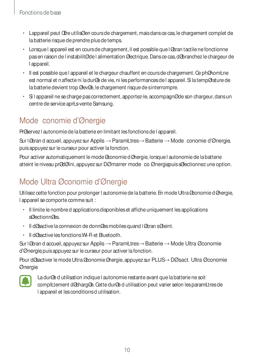 Samsung SM-T285NZWAXEF manual Mode Économie dénergie, Mode Ultra économie dénergie 