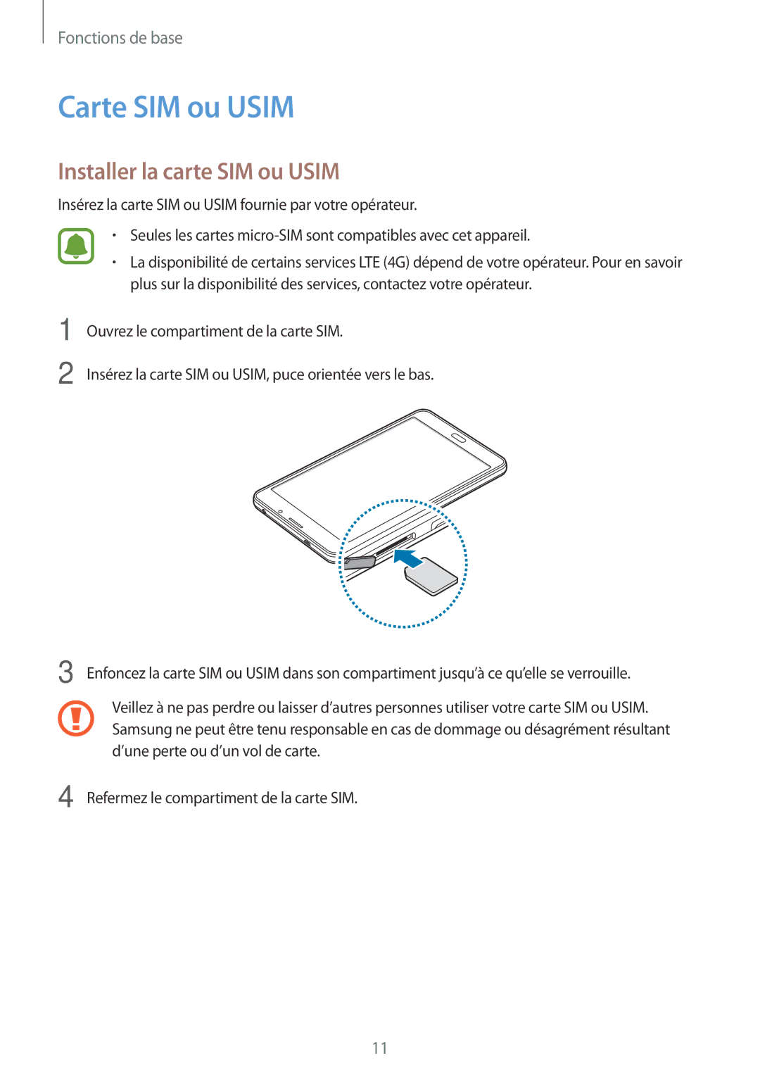 Samsung SM-T285NZWAXEF manual Carte SIM ou Usim, Installer la carte SIM ou Usim 