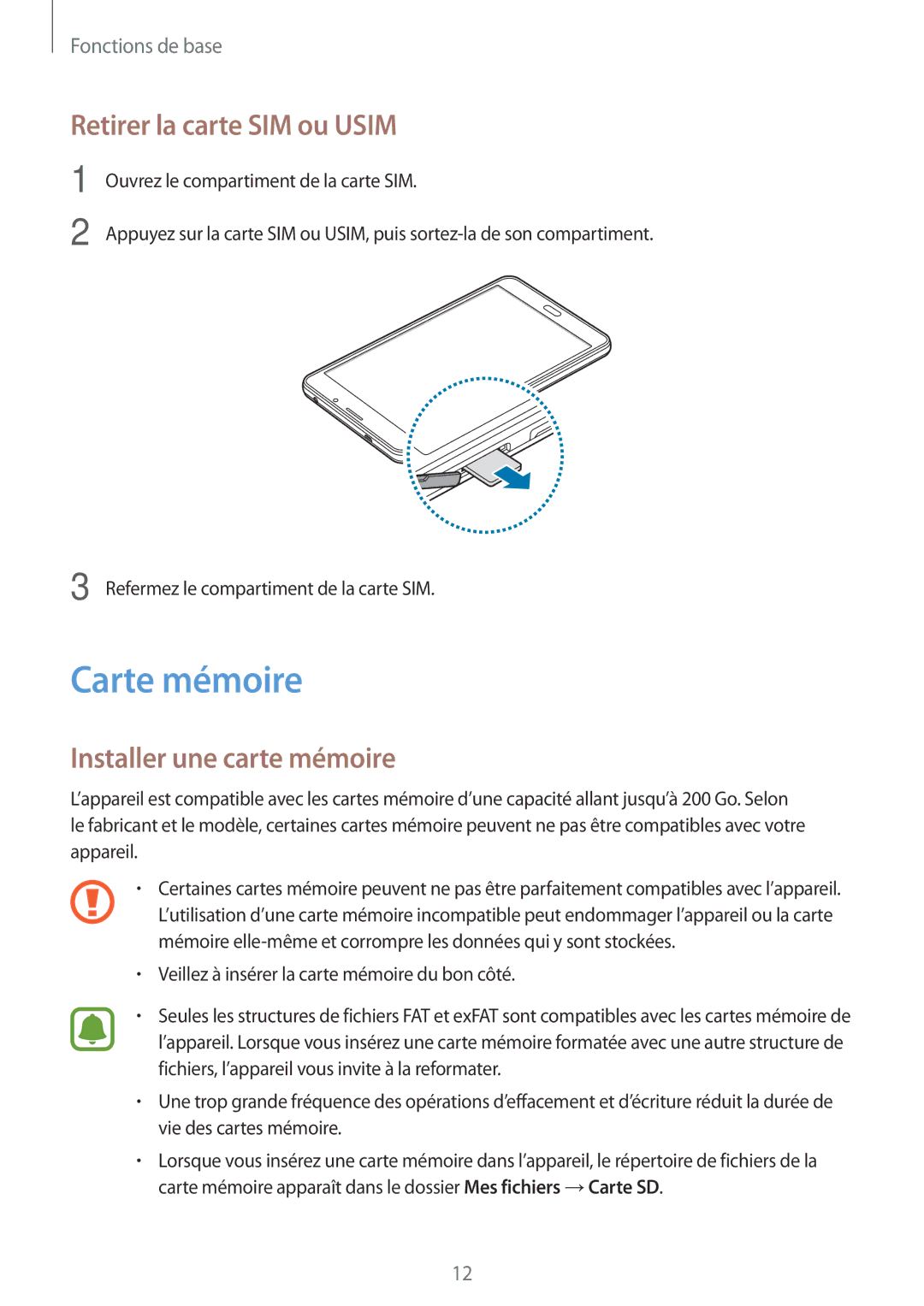 Samsung SM-T285NZWAXEF manual Carte mémoire, Retirer la carte SIM ou Usim, Installer une carte mémoire 