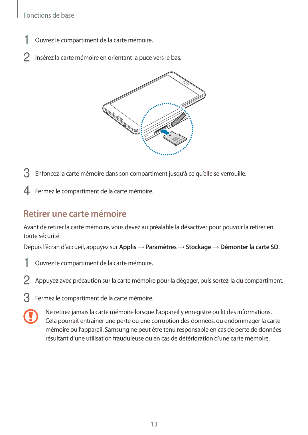 Samsung SM-T285NZWAXEF manual Retirer une carte mémoire 