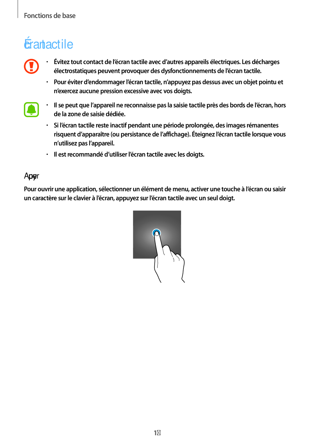 Samsung SM-T285NZWAXEF manual Écran tactile, Appuyer 