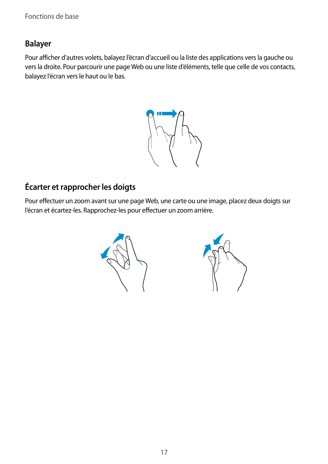 Samsung SM-T285NZWAXEF manual Balayer, Écarter et rapprocher les doigts 