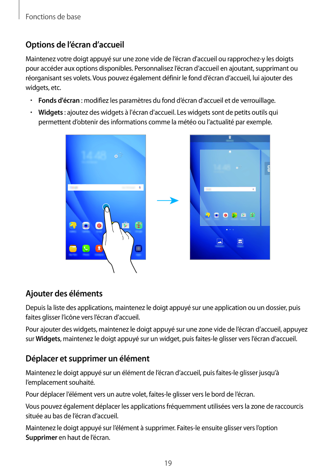 Samsung SM-T285NZWAXEF manual Options de l’écran d’accueil, Ajouter des éléments, Déplacer et supprimer un élément 