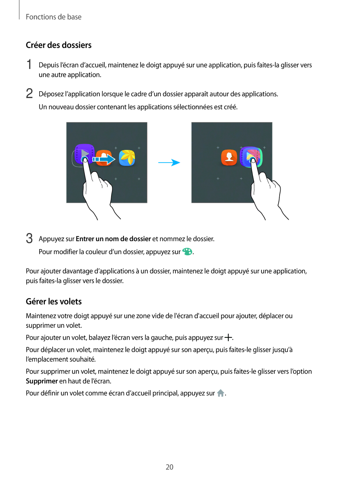 Samsung SM-T285NZWAXEF manual Créer des dossiers, Gérer les volets 