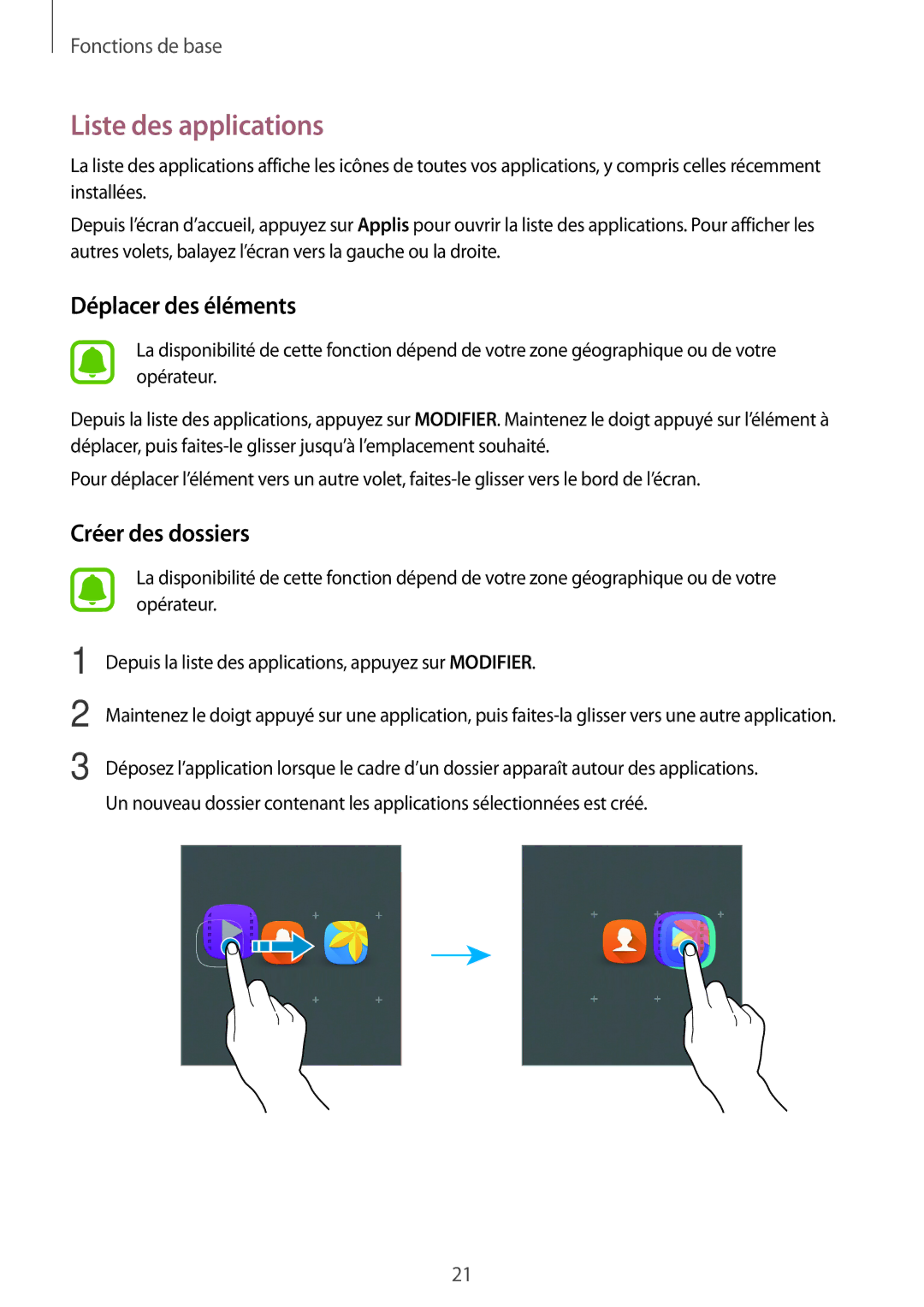 Samsung SM-T285NZWAXEF manual Liste des applications, Déplacer des éléments 