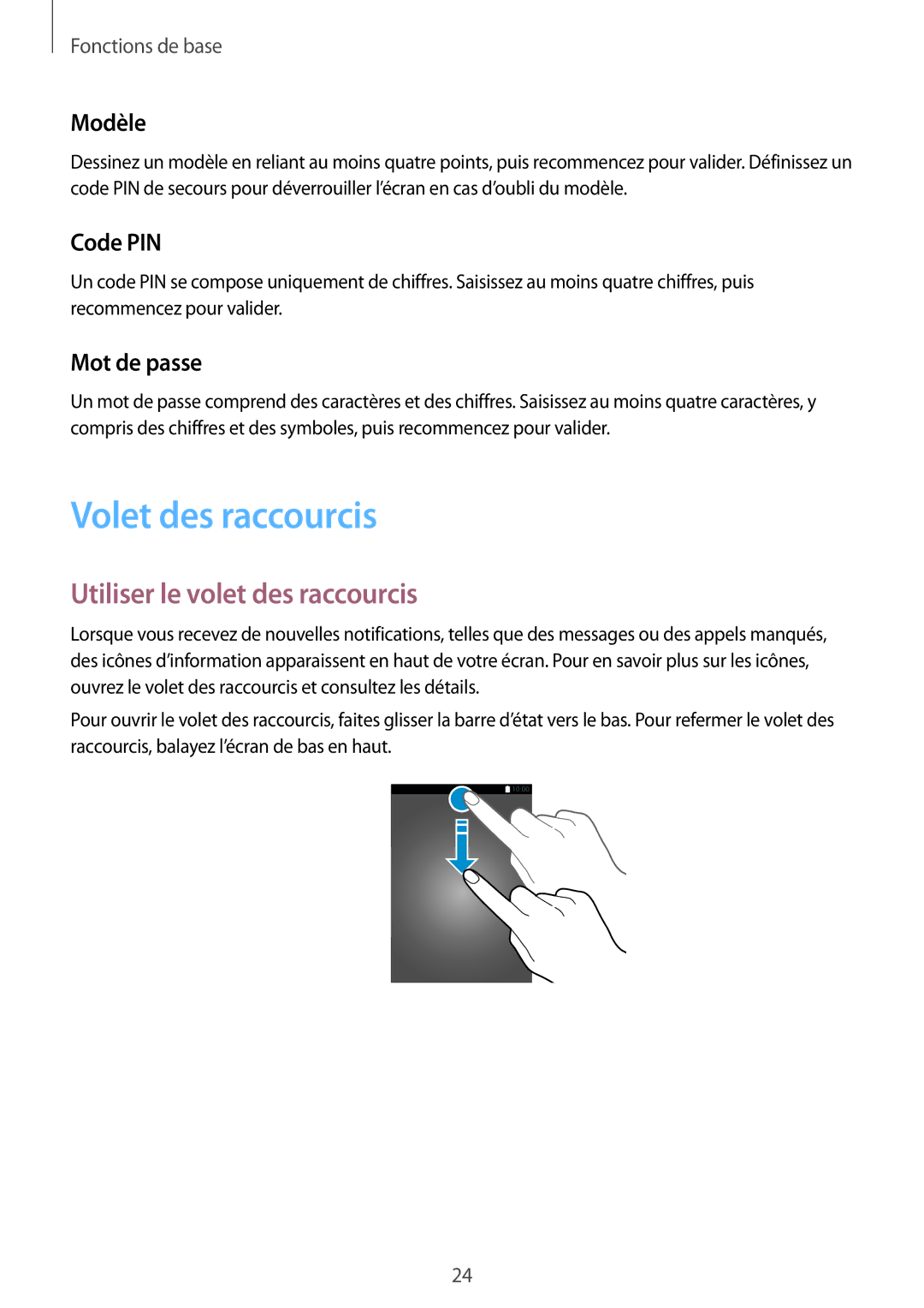 Samsung SM-T285NZWAXEF manual Volet des raccourcis, Utiliser le volet des raccourcis, Modèle, Code PIN, Mot de passe 