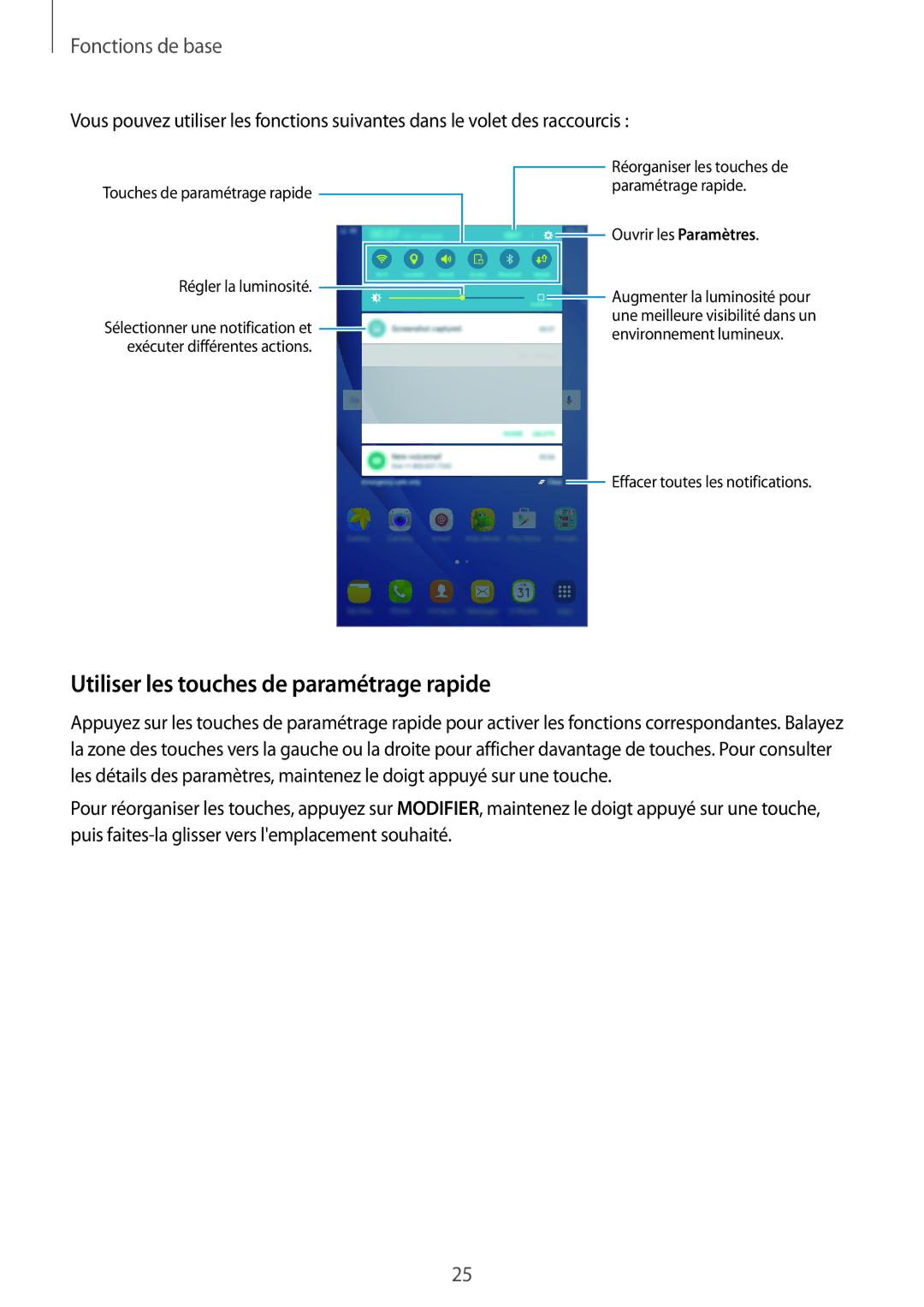 Samsung SM-T285NZWAXEF Utiliser les touches de paramétrage rapide, Touches de paramétrage rapide Régler la luminosité 