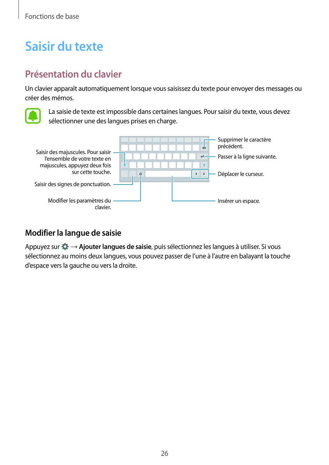 Samsung SM-T285NZWAXEF manual Saisir du texte, Présentation du clavier, Modifier la langue de saisie 