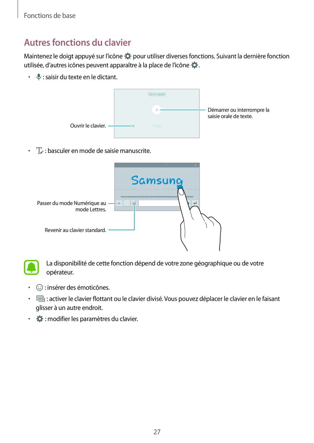 Samsung SM-T285NZWAXEF manual Autres fonctions du clavier 