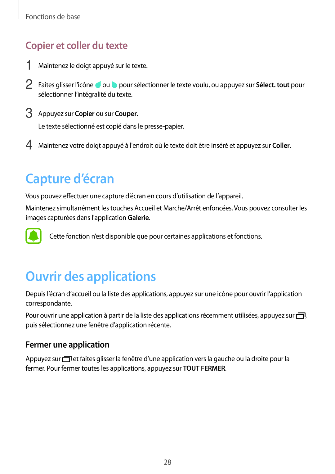 Samsung SM-T285NZWAXEF manual Capture d’écran, Ouvrir des applications, Copier et coller du texte, Fermer une application 