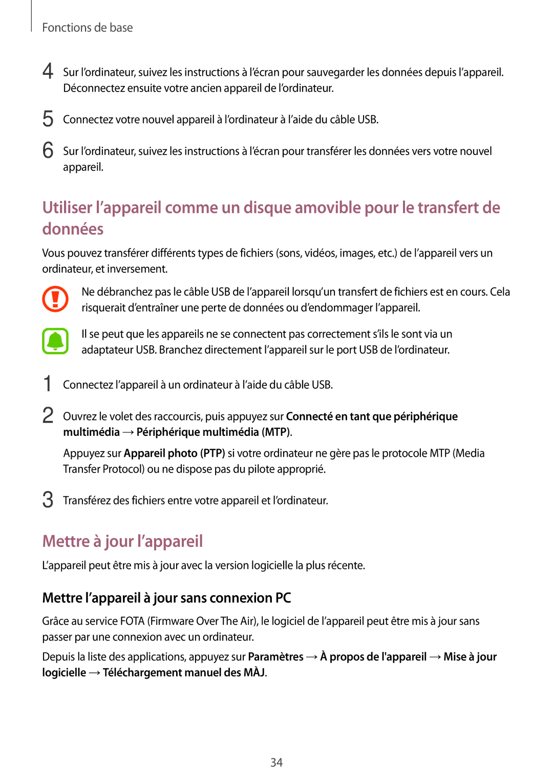 Samsung SM-T285NZWAXEF manual Mettre à jour l’appareil, Mettre l’appareil à jour sans connexion PC 