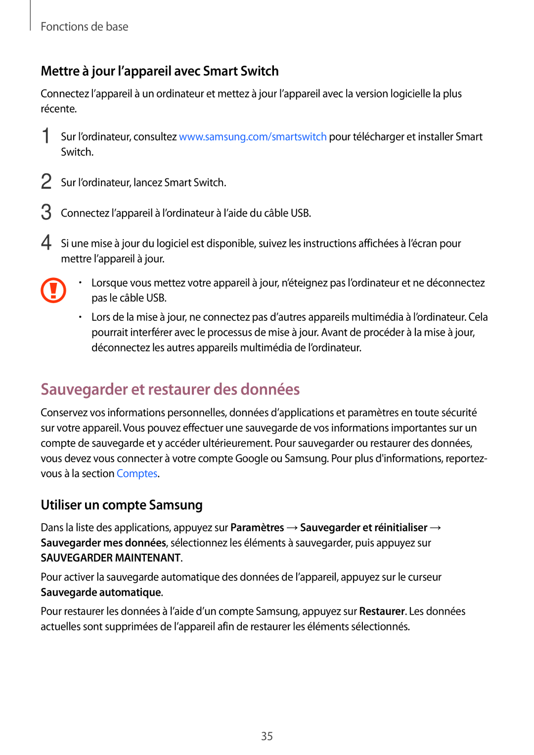 Samsung SM-T285NZWAXEF manual Sauvegarder et restaurer des données, Mettre à jour l’appareil avec Smart Switch 