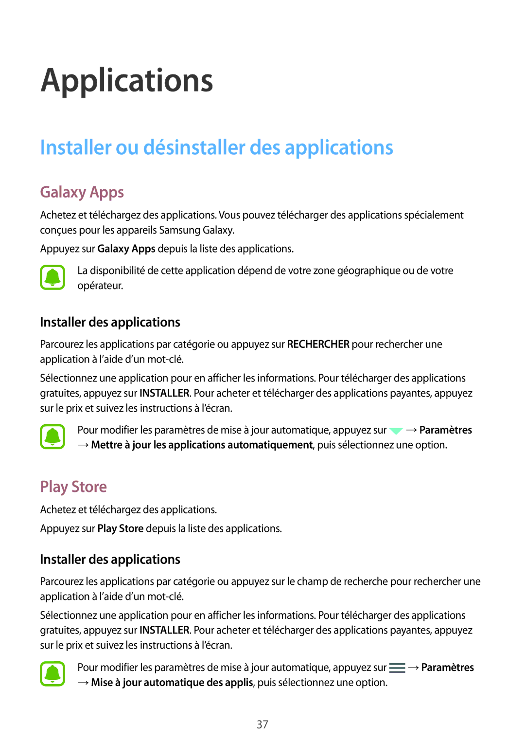 Samsung SM-T285NZWAXEF Installer ou désinstaller des applications, Galaxy Apps, Play Store, Installer des applications 