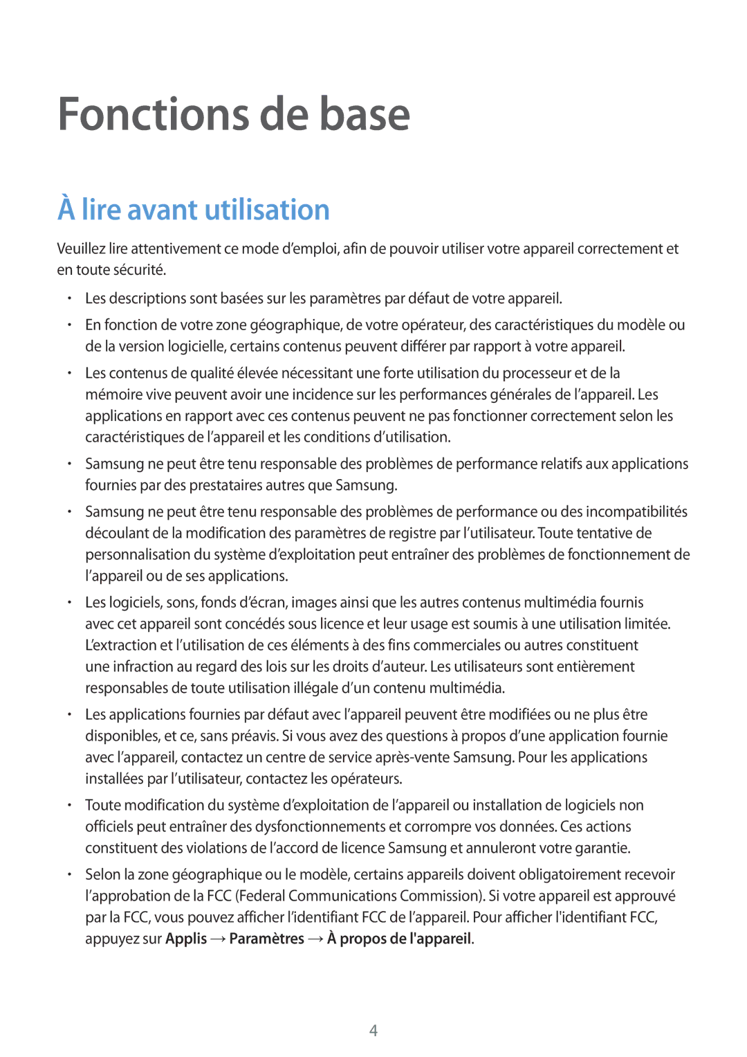 Samsung SM-T285NZWAXEF manual Fonctions de base, Lire avant utilisation 