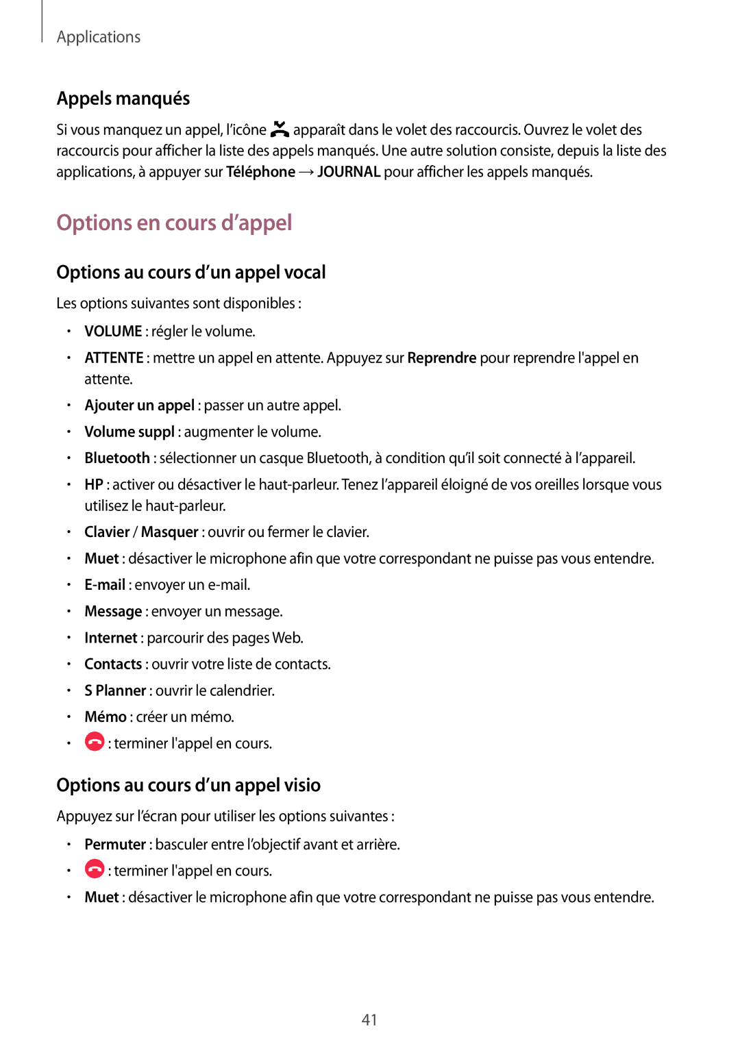 Samsung SM-T285NZWAXEF manual Options en cours d’appel, Appels manqués, Options au cours d’un appel vocal 