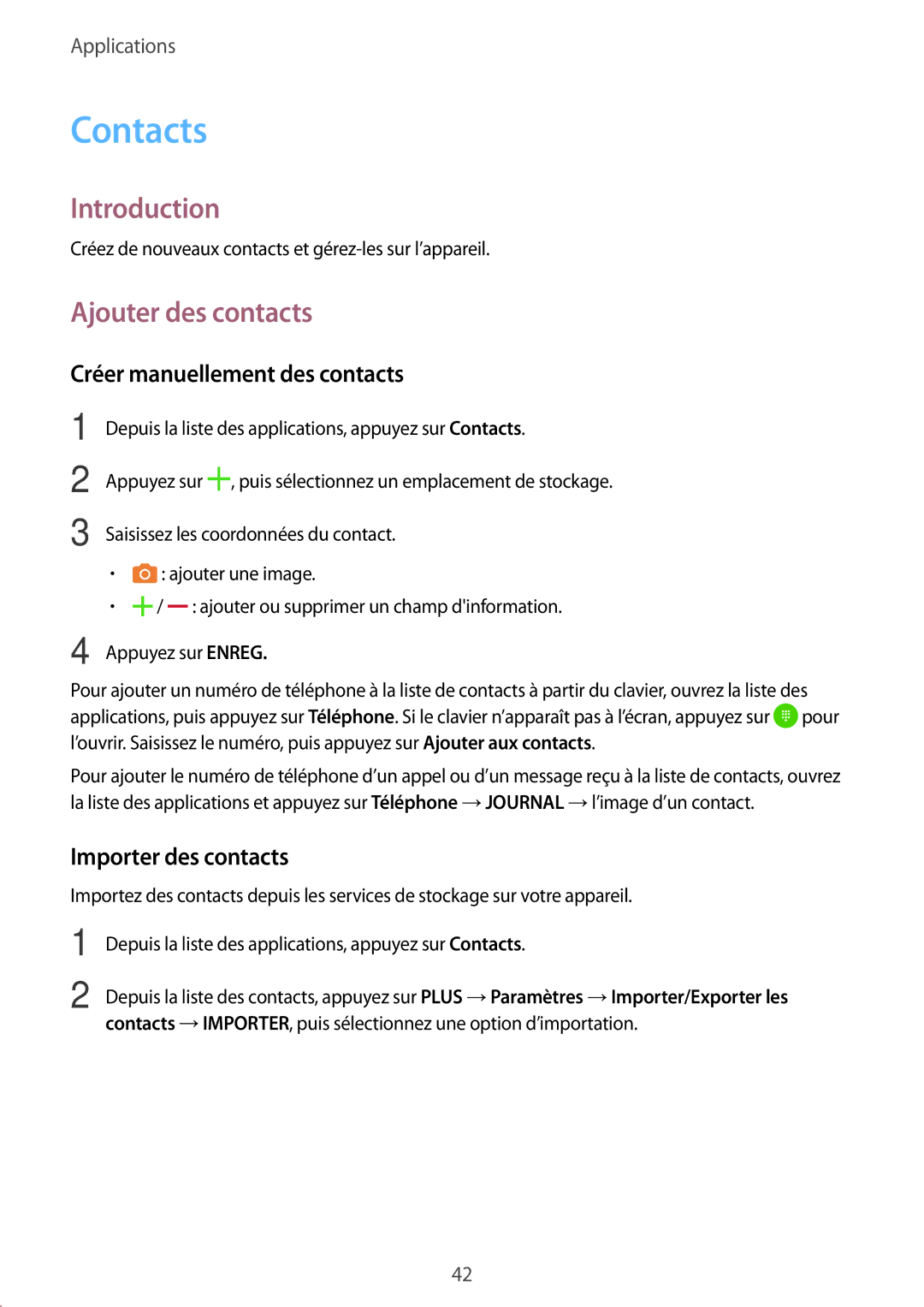 Samsung SM-T285NZWAXEF manual Contacts, Ajouter des contacts, Créer manuellement des contacts, Importer des contacts 