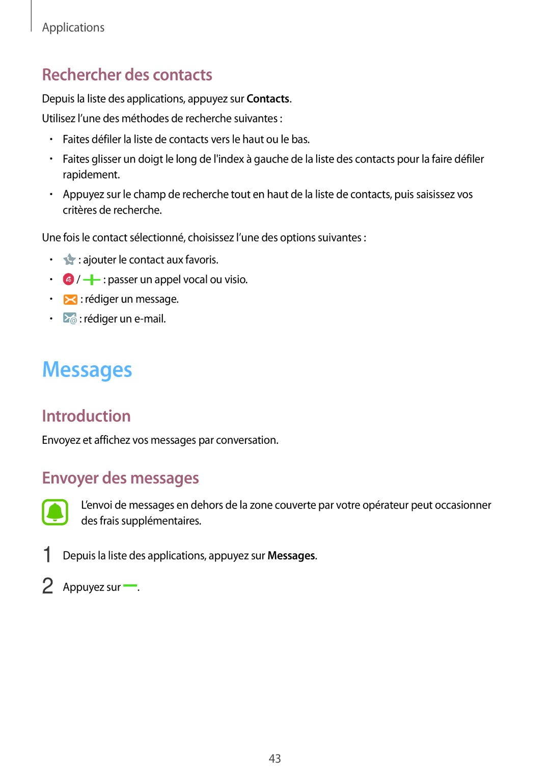 Samsung SM-T285NZWAXEF manual Messages, Rechercher des contacts, Envoyer des messages 