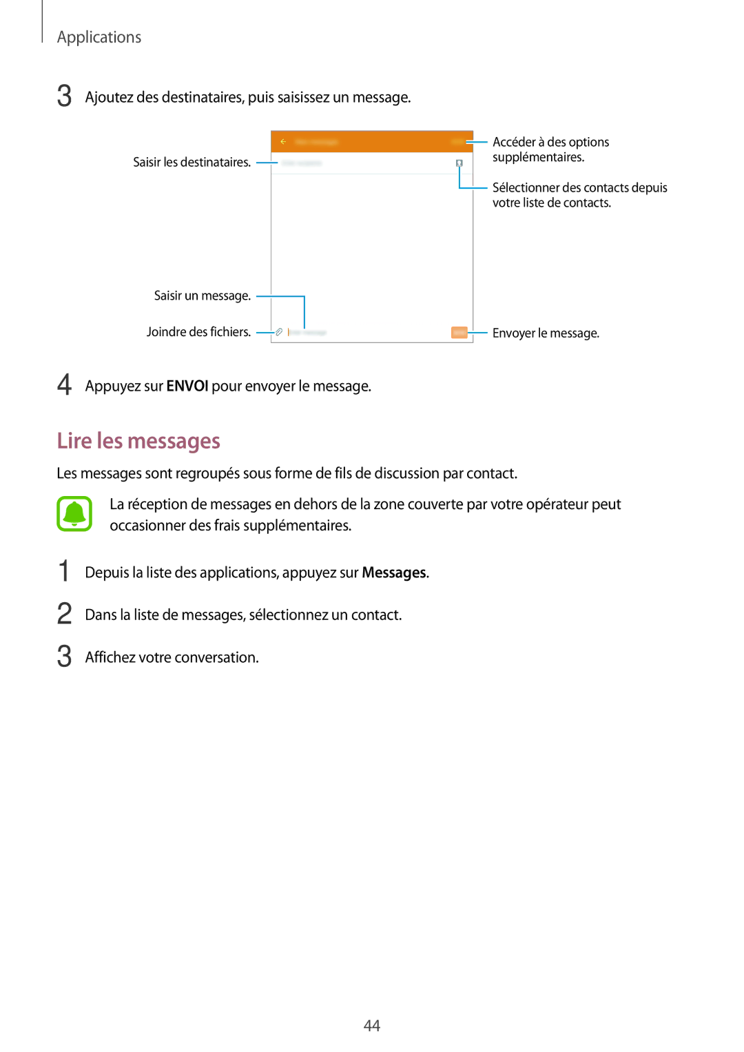 Samsung SM-T285NZWAXEF manual Lire les messages, Ajoutez des destinataires, puis saisissez un message 