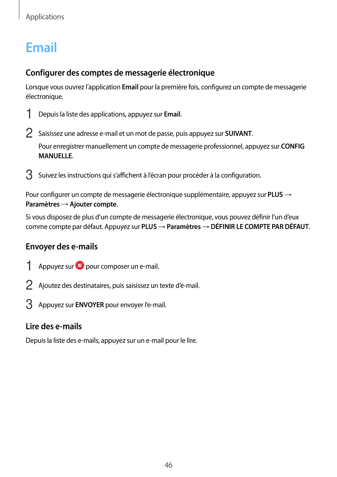 Samsung SM-T285NZWAXEF manual Configurer des comptes de messagerie électronique, Envoyer des e-mails, Lire des e-mails 