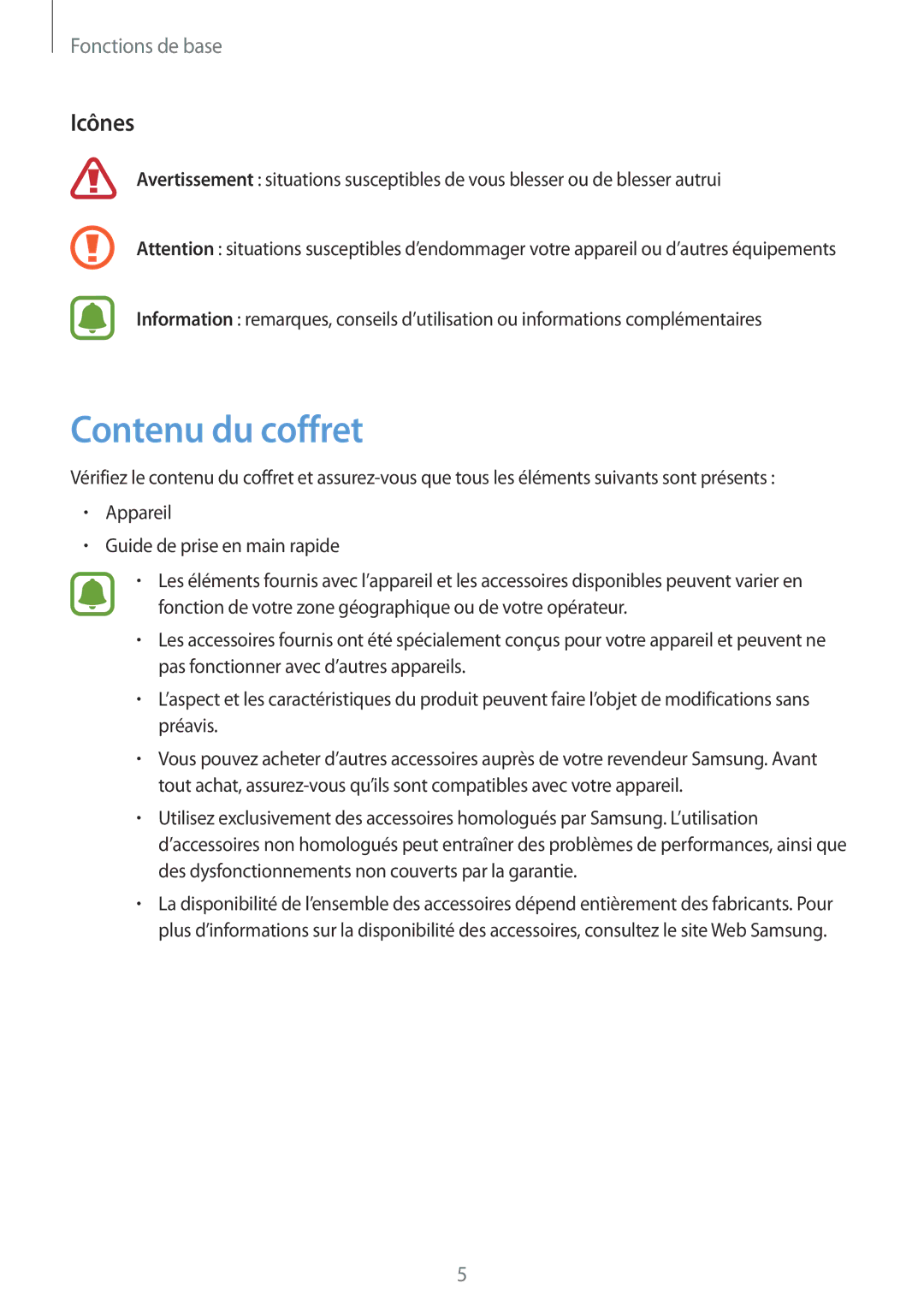 Samsung SM-T285NZWAXEF manual Contenu du coffret, Icônes 