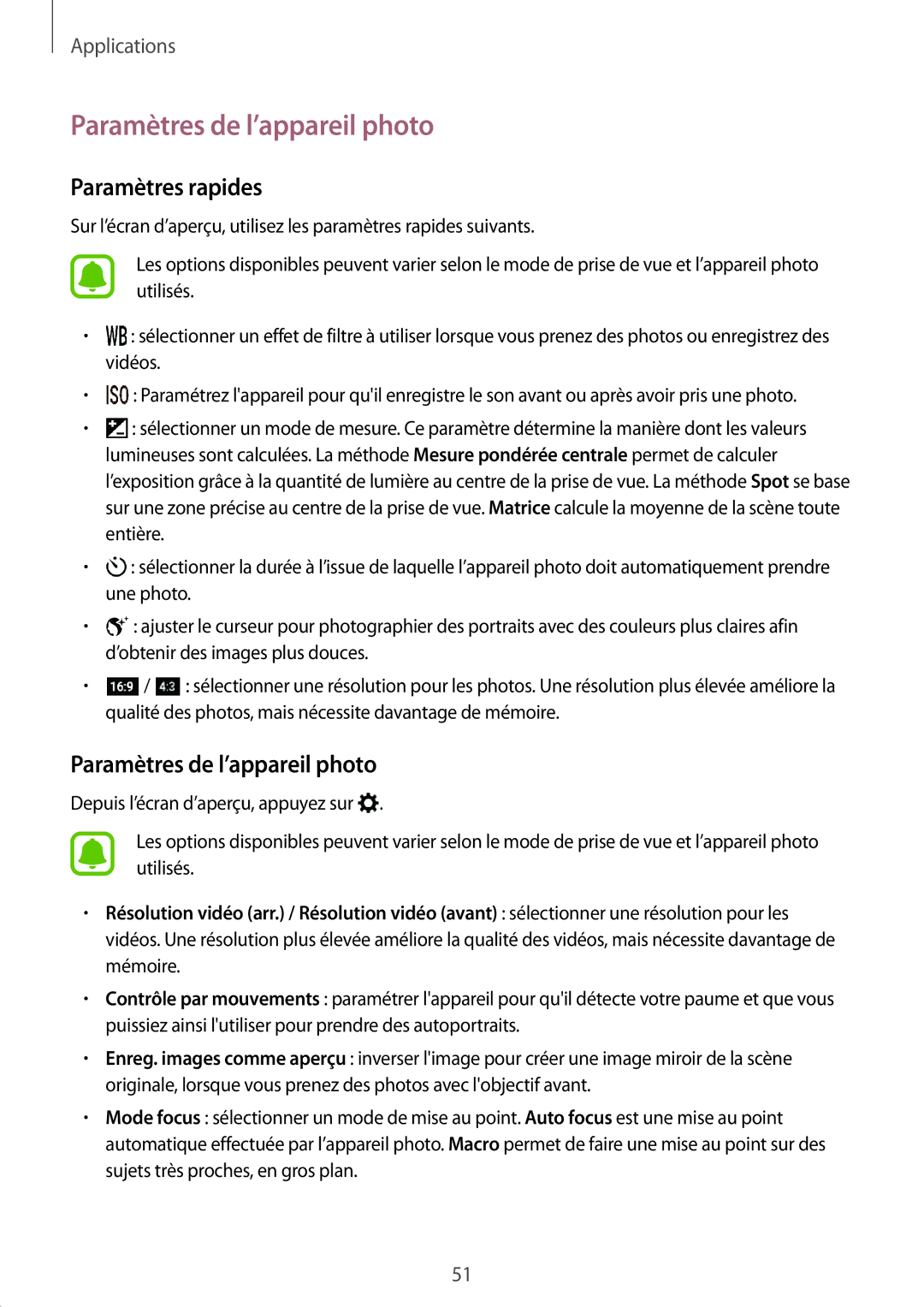 Samsung SM-T285NZWAXEF manual Paramètres de l’appareil photo, Paramètres rapides 