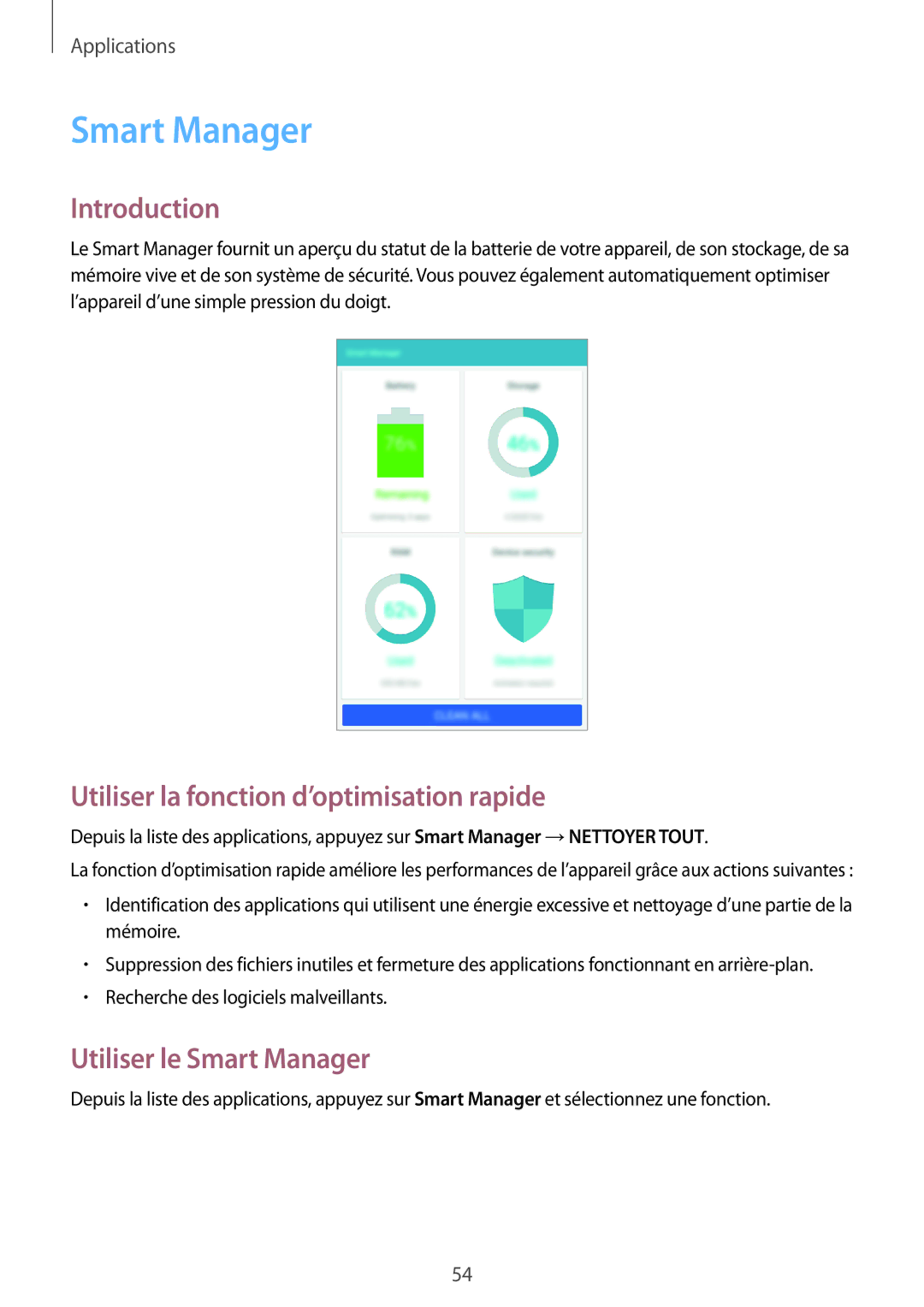 Samsung SM-T285NZWAXEF manual Utiliser la fonction d’optimisation rapide, Utiliser le Smart Manager 