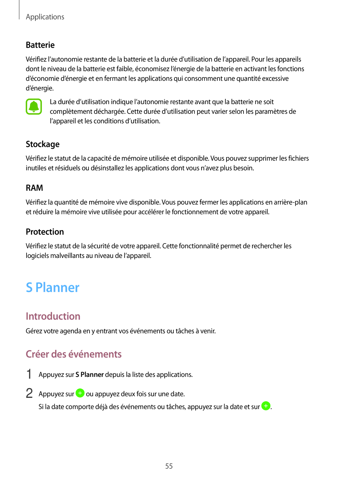 Samsung SM-T285NZWAXEF manual Planner, Créer des événements, Batterie, Stockage, Protection 