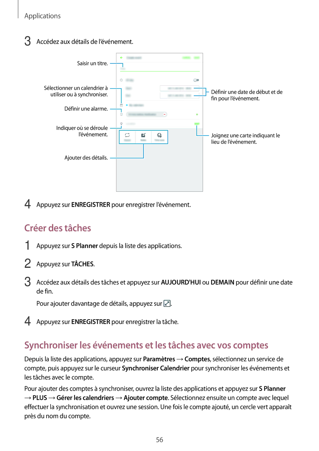 Samsung SM-T285NZWAXEF manual Créer des tâches, Synchroniser les événements et les tâches avec vos comptes 