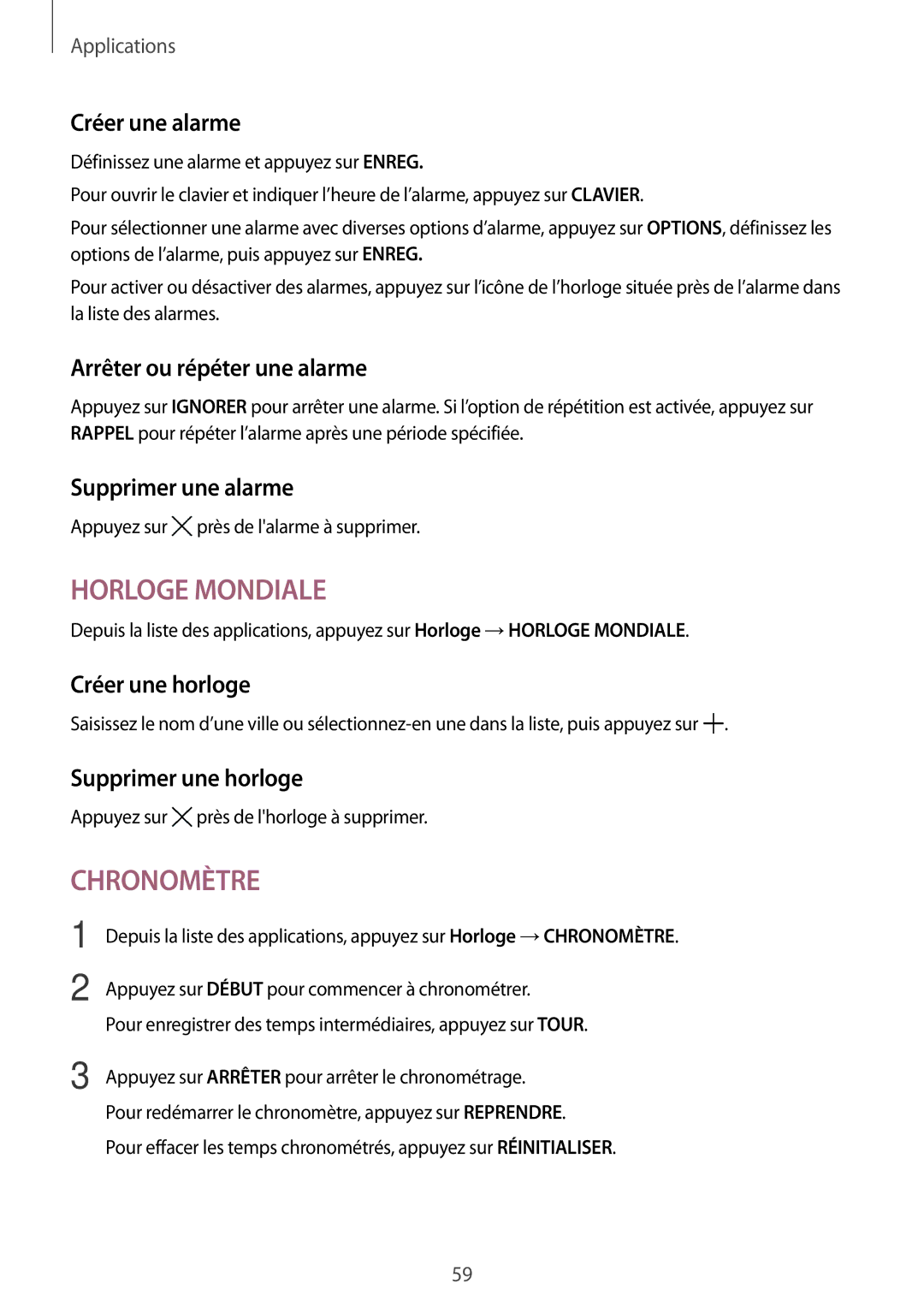 Samsung SM-T285NZWAXEF manual Créer une alarme, Arrêter ou répéter une alarme, Supprimer une alarme, Créer une horloge 