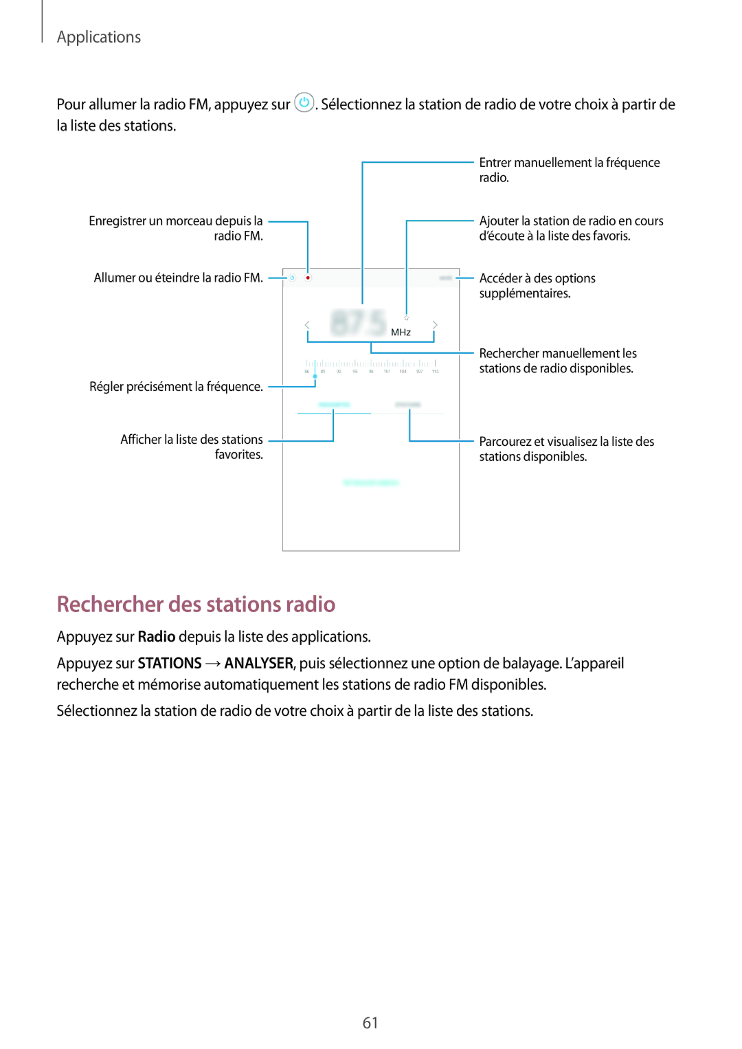 Samsung SM-T285NZWAXEF manual Rechercher des stations radio, Entrer manuellement la fréquence radio 