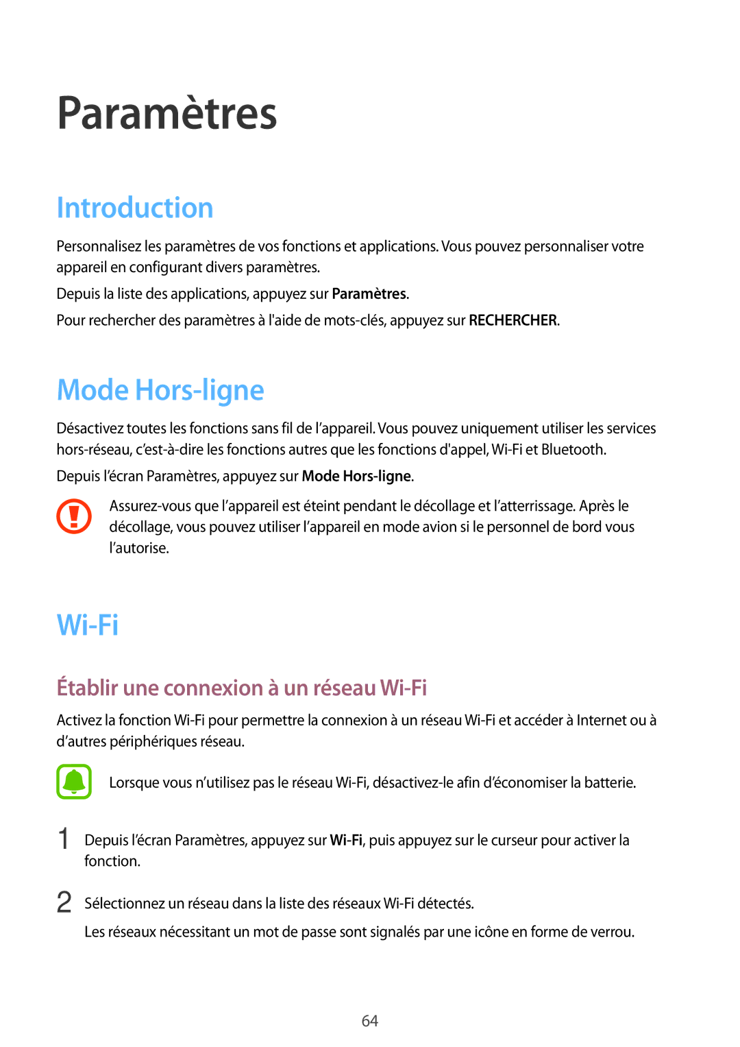 Samsung SM-T285NZWAXEF manual Introduction, Mode Hors-ligne, Établir une connexion à un réseau Wi-Fi 