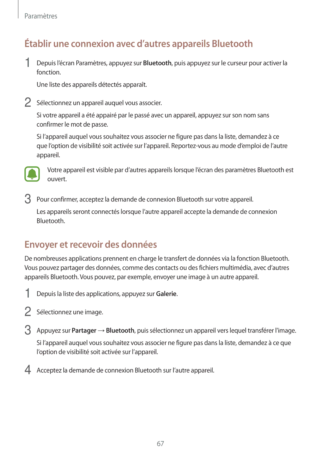 Samsung SM-T285NZWAXEF manual Établir une connexion avec d’autres appareils Bluetooth, Envoyer et recevoir des données 