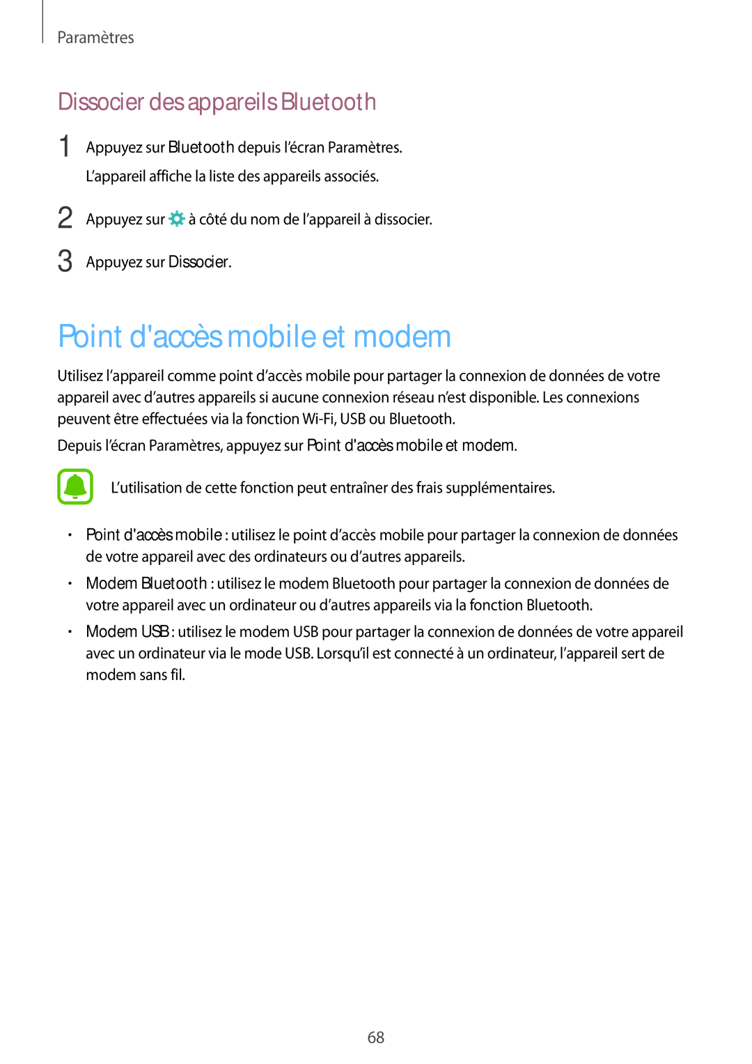 Samsung SM-T285NZWAXEF manual Point daccès mobile et modem, Dissocier des appareils Bluetooth 