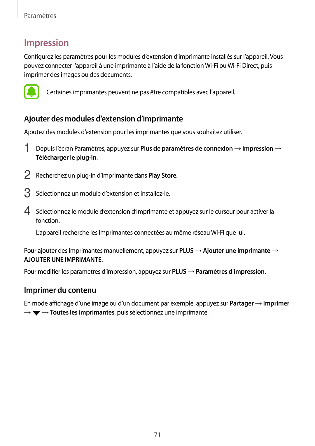 Samsung SM-T285NZWAXEF manual Impression, Ajouter des modules d’extension d’imprimante, Imprimer du contenu 