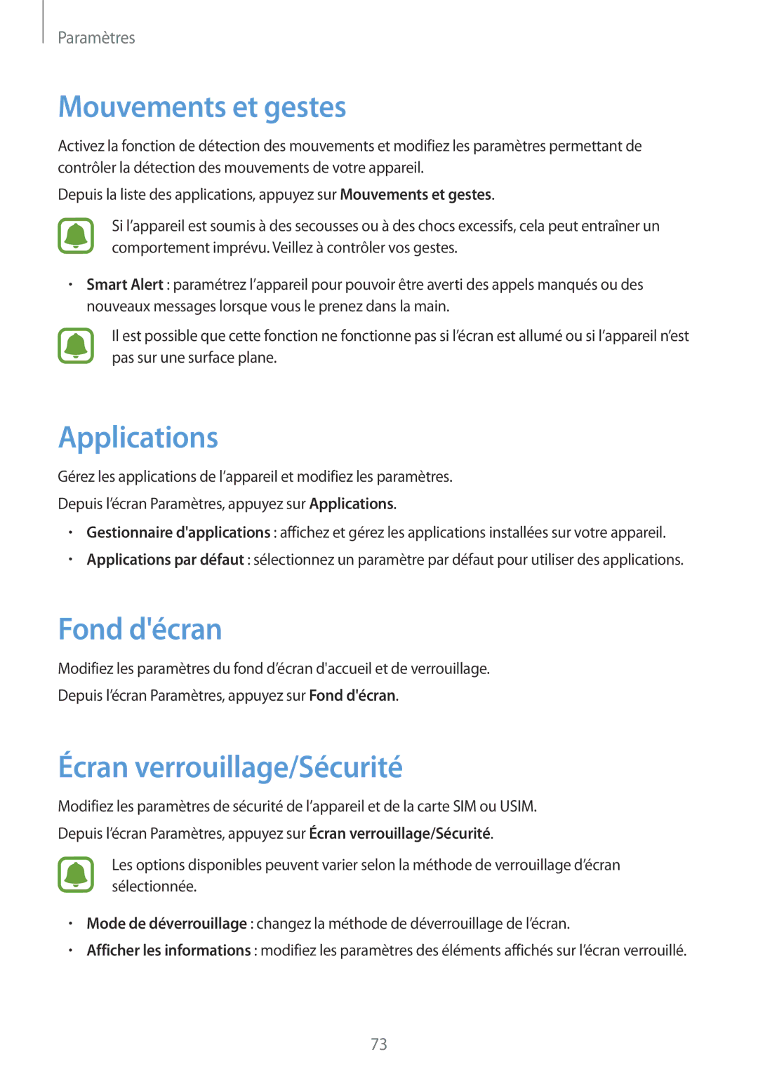 Samsung SM-T285NZWAXEF manual Mouvements et gestes, Applications, Fond décran, Écran verrouillage/Sécurité 