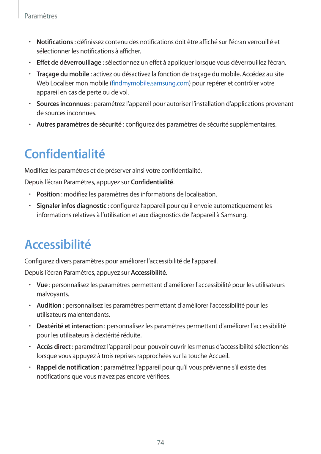 Samsung SM-T285NZWAXEF manual Confidentialité, Accessibilité 