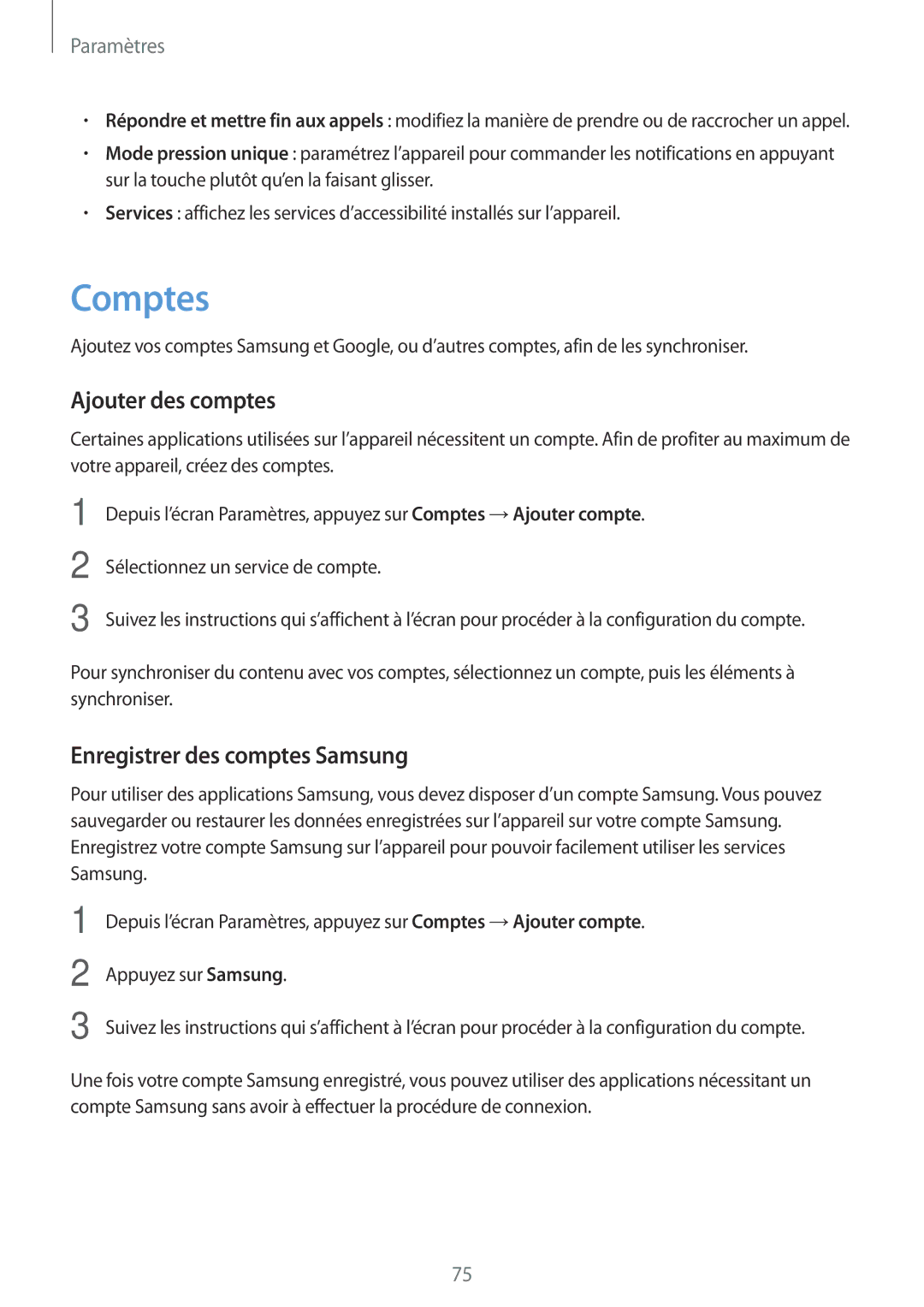 Samsung SM-T285NZWAXEF manual Comptes, Ajouter des comptes, Enregistrer des comptes Samsung 