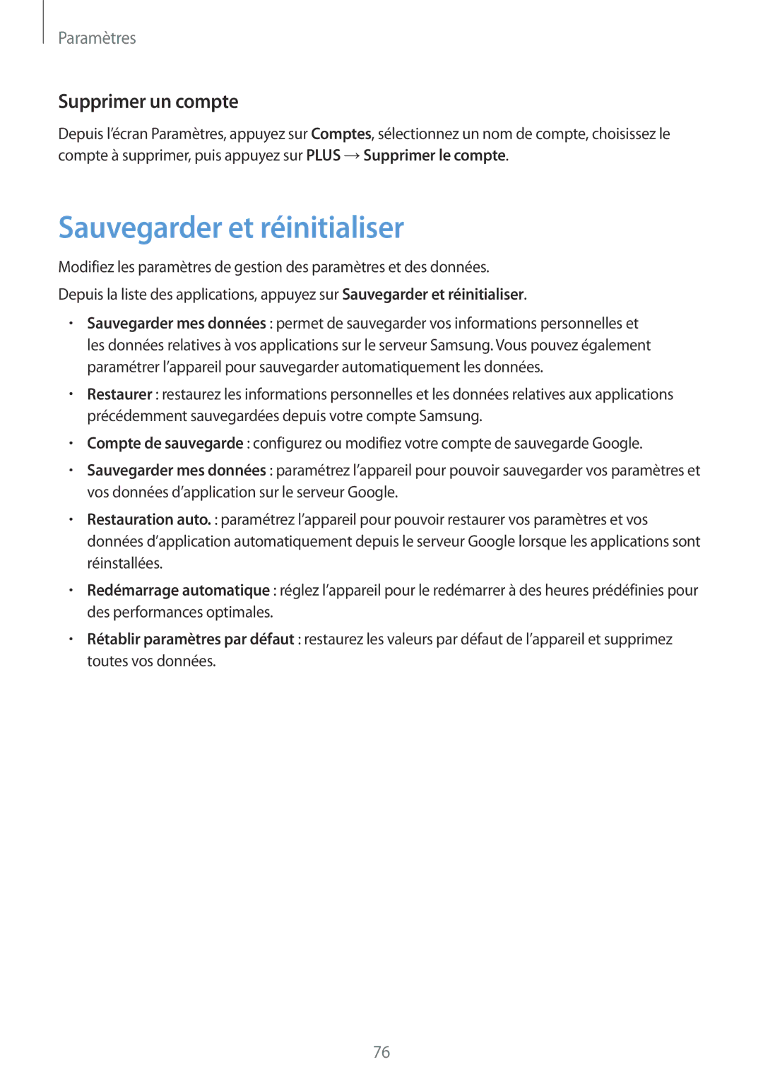 Samsung SM-T285NZWAXEF manual Sauvegarder et réinitialiser, Supprimer un compte 